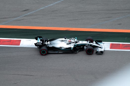 SOCHI, RUSSIA - 29 September 2019: Lewis Hamilton from Petronas Mercedes F1 Racing team rat Formula 1 Grand Prix of Russia 2019