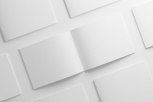 US Letter Landscape Saddle Stitch Bifold Brochure Catalog White Blank 3D Rendering Mockup
