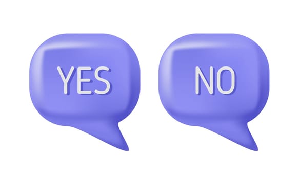 Vector 3d render speech bubble. Yes and No answer bubble in blue colors. Support chat 3d banner. Information tag shape. Quiz answer label.