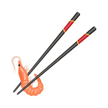 Boiled shrimp on wooden chopsticks. Asian seafood. Food illustration, vector