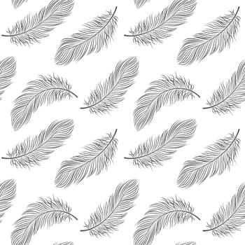 Seamless pattern with delicate gray feathers on a white background. Background, textile