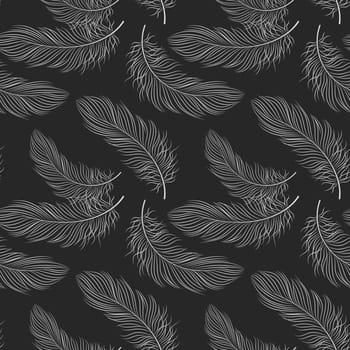 Seamless pattern with white delicate feathers on a dark background. Background, textile