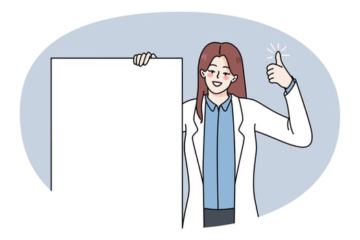 Smiling doctor hold mockup banner show thumbs up