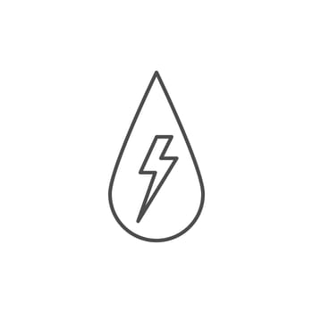 Water energy related vector linear icon. Water drop with lightning inside. Hydro power. Vector outline illustration Isolated on white background. Editable stroke