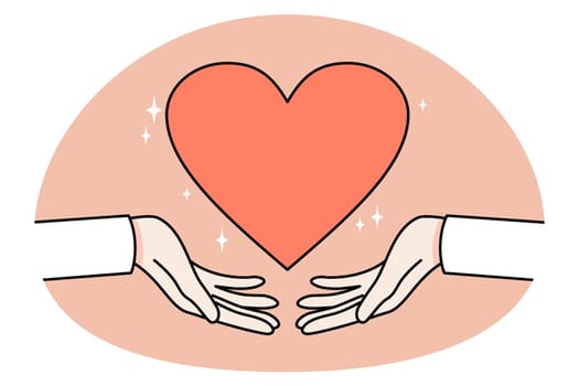 Closeup of hands holding heart symbol support healthcare or medicine. Concept of world heart day celebration. Health care and medical help. Flat vector illustration.