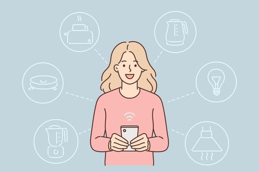 Woman controls smart home system through phone and launches iot devices connected to wi-fi