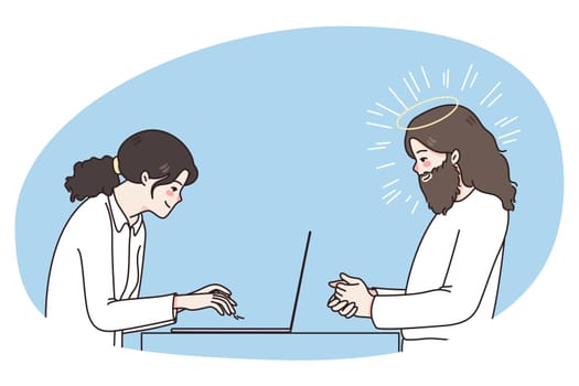 Jesus watch woman working on computer