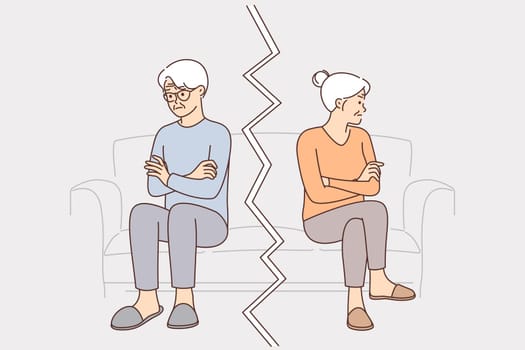 Quarrel of elderly man and woman sit on couch look in different directions and need family therapist