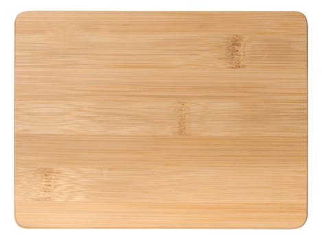 Empty rectangular wooden oak kitchen cutting board. White background, top view