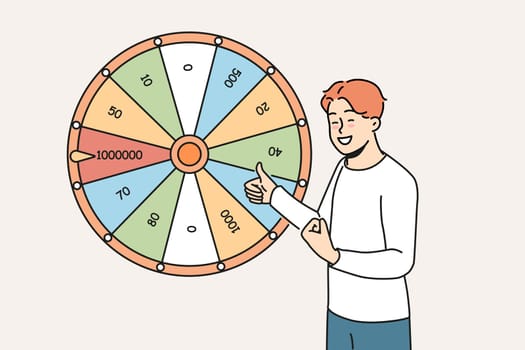 Excited man win money in fortune wheel