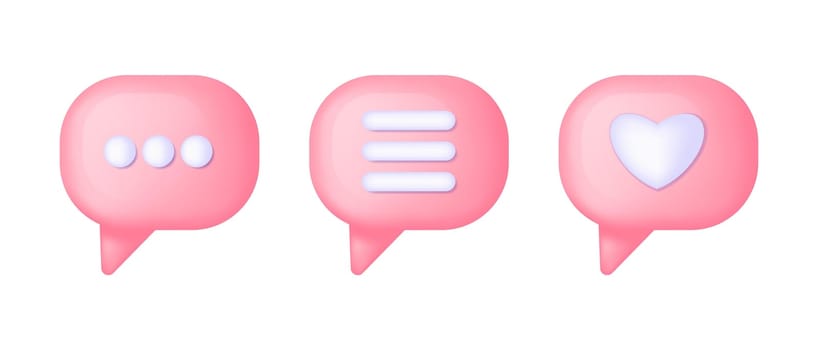 3d render speech bubble heart and text on light pink background. Social media like icon concept.