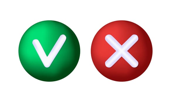 3D Check mark and cross buttons on white background.