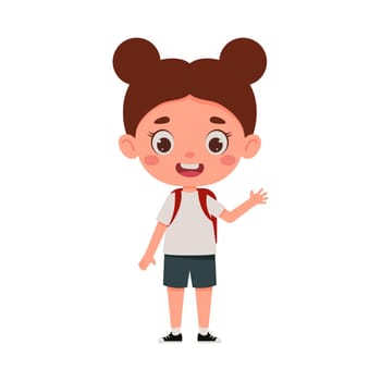 Cute cartoon little girl with the backpack waving her hand hello. Little schoolgirl character. Vector illustration