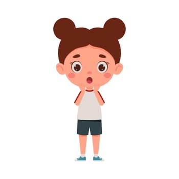 Cute cartoon little scary girl. Little schoolgirl character show facial expression. Vector illustration