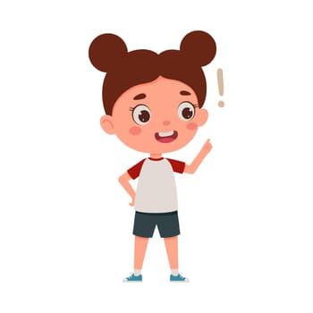 Cute little kid girl with great idea. Cartoon schoolgirl character show facial expression. Vector illustration