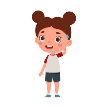 Cute little kid girl confused. Cartoon schoolgirl character show facial expression. Vector illustration
