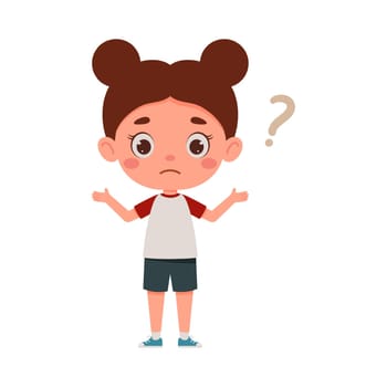 Cute little kid girl confused with question mark. Cartoon schoolgirl character show facial expression. Vector illustration