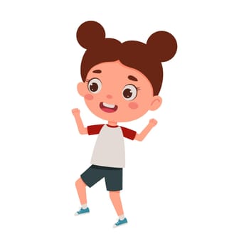 Cute little kid happy girl jump. Cartoon schoolgirl character show facial expression. Vector illustration