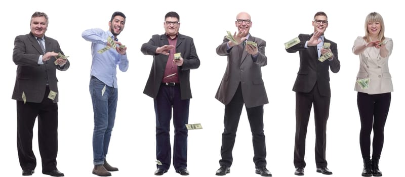 group of successful people holding money in hand isolated