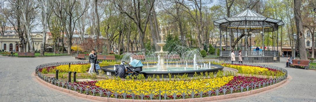 Odessa, Ukraine 15.04.2023. City Garden Fountain in the City square, historical center of Odessa, Ukraine, on a sunny spring day