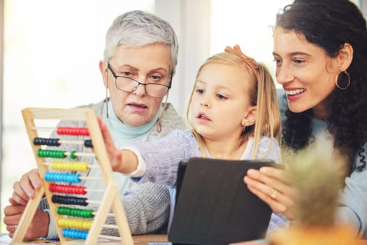 Grandma, mother and girl on tablet for education in home for lesson, homework and learning math online. Grandparent, family and mom and kid on digital tech for educational games, homeschool and study