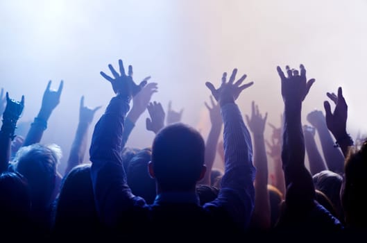 Music, hands raised and people at concert or festival from back, lights and energy in crowd at live event. Dance, fun and group of excited fans in arena at rock band performance or audience at party.
