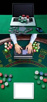 Closeup of poker player with playing cards, laptop and chips