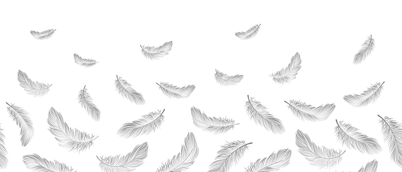 Seamless border, white feathers fall into the air on a white background. Background with copy space, vector