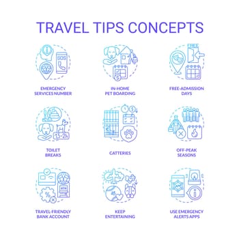 Travel tips blue gradient concept icons set