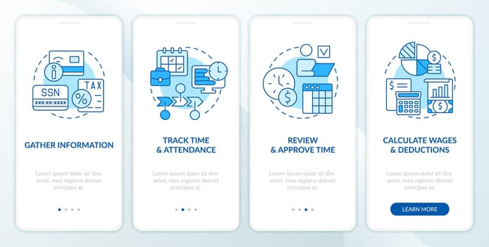 Payroll processing stages blue onboarding mobile app screen