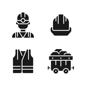 Coal miner protective equipment black glyph icons set on white space