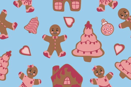 Seamless pattern with ginger cookies on a blue background. Vector Christmas illustration