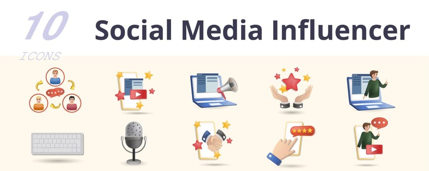 Social media influencer set. Creative icons: communication, video, advertisement, fame, blog, keyboard, microphone, brand collaboration, rating, blogger.