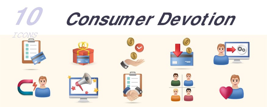 Consumer devotion set. Creative icons: credit program, loyalty card, benefit, cash back, saas, retention, promotion, liability, segmentation, customer loyalty.