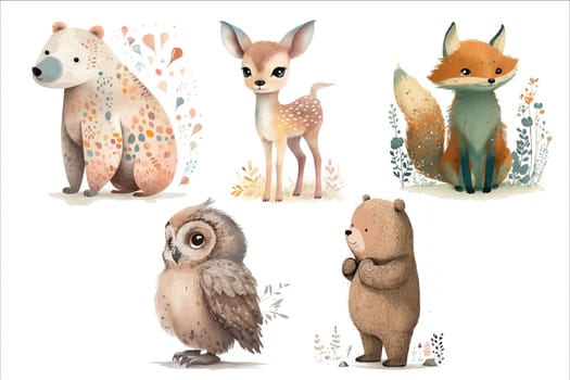Safari Animal set bear, deer, fox, owl in 3d style. Isolated vector illustration