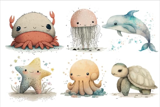 Safari Animal set turtle, jellyfish, octopus, dolphin, crab, starfish in 3d style. Isolated vector illustration