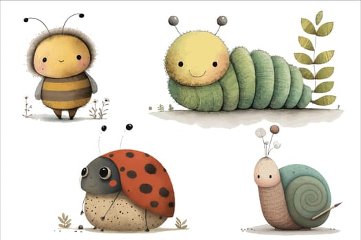 Safari Animal set bee, ladybug, caterpillar, snail in 3d style. Isolated vector illustration