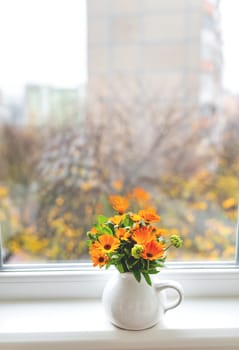 A bouquet of bright calendula in a milk vase stands on the windowsill, bright autumn with a window.