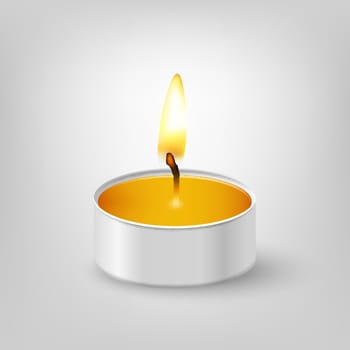 Realistic close-up tealight candle. Vecor EPS10 illustration.
