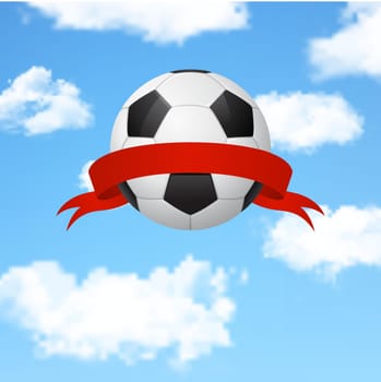 Soccer ball with ribbon flying in the sky