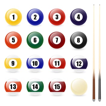 Pool - billiard balls and two cues