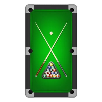 Billiard balls in triangle and two cues on a pool table.