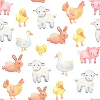 Watercolor seamless pattern with farm animals on white background. Cute calf, chick and pig.