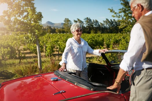 Retirement is for adventures. a senior couple going on a road trip.