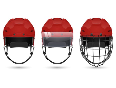 Red hockey helmet in three varieties