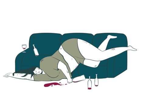 Conceptual illustration of the consequences of alcoholism with an unconscious depressive character on a sofa among empty bottles.