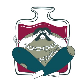 woman on a drunken spree. Conceptual illustration of the consequences of alcoholism with a depressive character tied with chains to a bottle of alcohol. Unhealthy Lifestyle