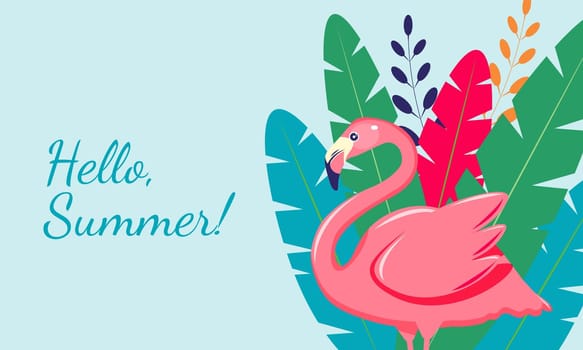 Summer background with flamingo and palm leaves. Hello summer