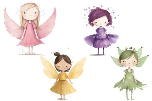 set fairies in green, yellow, purple and pink dresses in 3d style. Isolated vector illustration