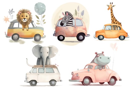 Safari Animal set giraffe, elephant, hippopotamus, zebra, lion by car in 3d style. Isolated vector illustration